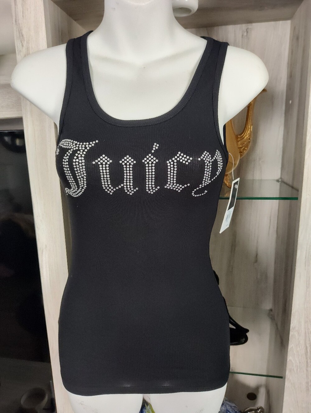 Juicy Couture Black Label Black Ribbed Tank with Crystal 'Juicy' Logo SZ XS New